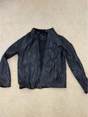 BOSS Hugo Boss Men’s Black Leather Biker Jacket Size 56 / US 46R